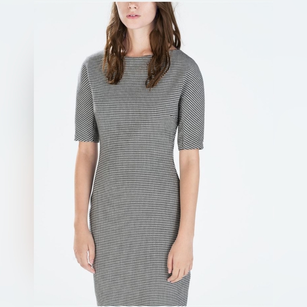 Zara Woman‎ Mad Men Retro Boatneck Houndstooth Dress Size L